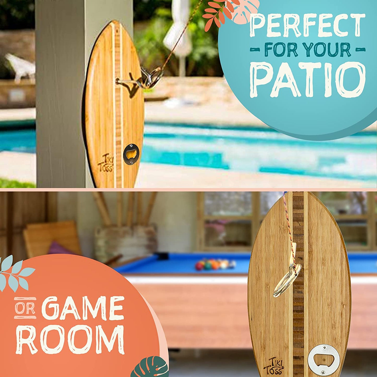 Ring Toss Game for Adults & Kids – 13 Inch Surfboard Edition - Hook and Ring Game with String and Hooks for Outdoor/Indoor Use, Man Cave Decor & Stuff, Gifts for Men