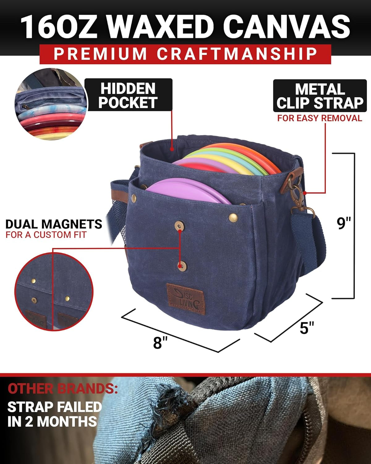 Disc Golf Bag | Frisbee Golf Bag | Easy to Carry | Lightweight Fits up to 10 Discs | 16 Oz Waxed Canvas Sturdy Design | Belt Loop | Double Button Design | Bottle Holder